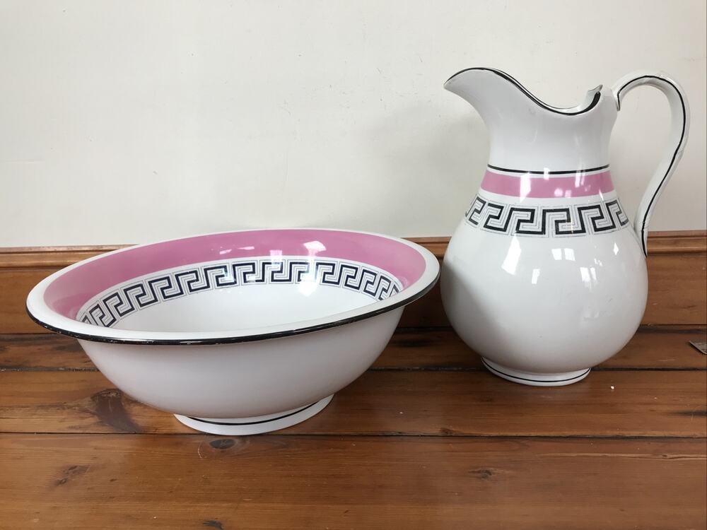 Antique 1863 Copeland Pink Black Greek Key Ironstone Porcelain Pitcher Basin